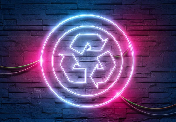 Recycling Neon Tubes Icon Illuminating Brick Wall Blue Pink Glowing — Stock fotografie