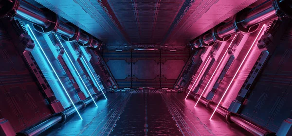 パネルの壁にネオンのある青とピンクの宇宙船のインテリア 宇宙ステーションの背景にある未来的な現代の廊下 3Dレンダリング — ストック写真