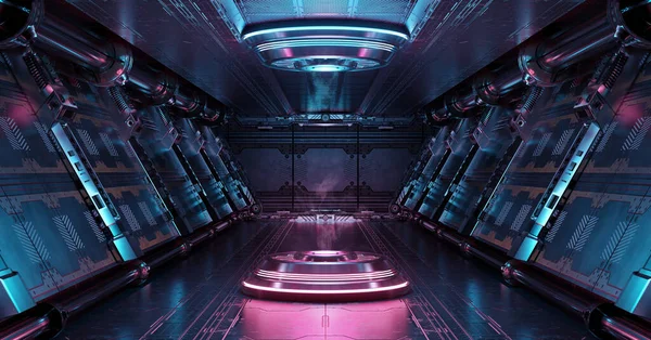 Aydınlatılmış projektörlü mavi ve pembe uzay gemisi. Uzay istasyonunda parlak neon ışıklarıyla dolu fütürist koridor. 3d oluşturma