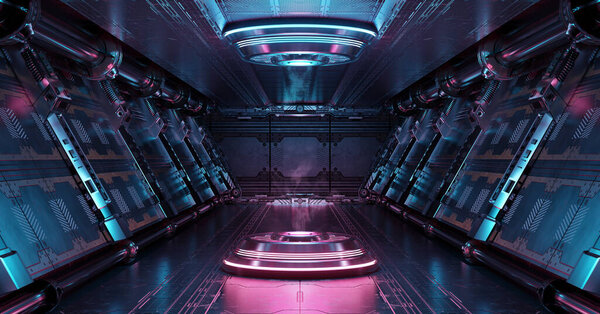 Сине-розовый космический интерьер с подсветкой прожектора. Футуристический коридор на космической станции со светящимся неоновым светом заднего плана. 3d-рендеринг