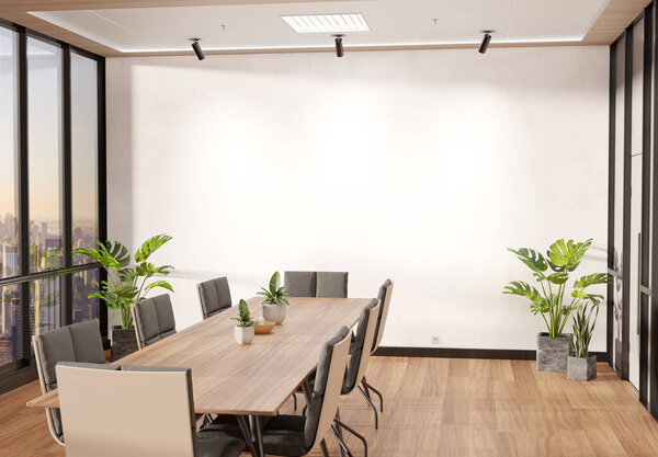 Blank wall Mockup in bright wooden office with large windows and sun passing through. Empty company meeting room 3D rendering
