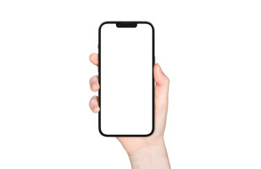 PARIS - France - April 28, 2022: Newly released Apple Smartphone Iphone 13 pro max realistic 3d rendering - Graphite color front screen mockup - Woman hand holding smartphone on white background