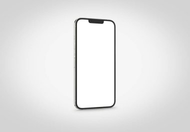 PARIS - Fransa - 28 Nisan 2022: Yeni çıkan Apple akıllı telefonu, Iphone 13 profesyonel maksimum gümüş renkli gerçekçi 3D görüntüleme, ön ekran cep telefonu modeli gölge ve beyaz arka plan yansıması