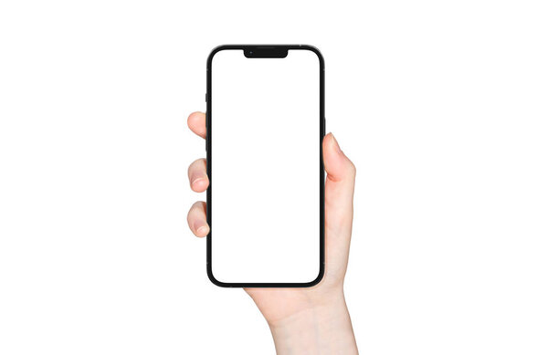 ПАРИЖ - Франция - 28 апреля 2022 года: Недавно выпущенный Apple Smartphone Iphone 13 про максимально реалистичный 3D рендеринг - Графический макет цвета на переднем экране - Женщина держит смартфон на белом фоне