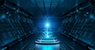 Aydınlatılmış projektörlü mavi uzay gemisi. Uzay istasyonunda parlak neon ışıklarıyla dolu fütürist koridor. 3d oluşturma