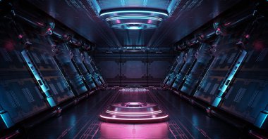 Aydınlatılmış projektörlü mavi ve pembe uzay gemisi. Uzay istasyonunda parlak neon ışıklarıyla dolu fütürist koridor. 3d oluşturma