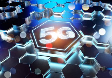 Mavi metal altıgen arka plana oyulmuş 5G simge konsepti. Soyut dijital yüzeyde parlayan kablosuz teknoloji logosu. 3d oluşturma