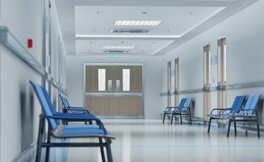 Long white hospital corridor with rooms and blue seats 3D rendering. Empty accident and emergency interior with bright lights lighting the hall from the ceiling