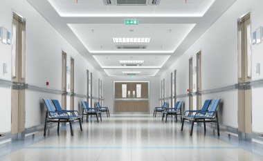 Odaları ve mavi koltukları olan uzun beyaz hastane koridoru. Boş bir kaza ve içinde parlak ışıklar olan acil bir iç mekan.