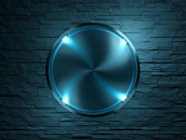 Tuğla duvarda neon tabela modeli. Sokak ışıklarıyla aydınlatılmış mavi modern tabela.