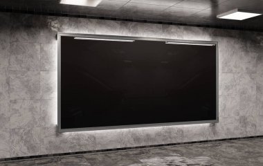 Metro Mockup 'ta büyük panoramik reklam panosu. Tren istasyonunun duvarında asılı reklamlar 3D görüntüleme