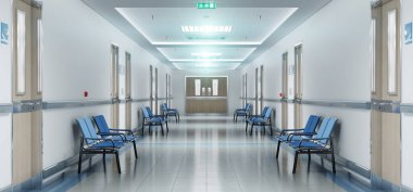 Long white hospital corridor with rooms and blue seats 3D rendering. Empty accident and emergency interior with bright lights lighting the hall from the ceiling