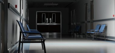 Odaları ve mavi koltukları olan uzun karanlık hastane koridoru. Boş bir kaza ve içinde parlak ışıklar olan acil bir iç mekan.