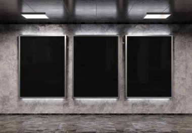 Yeraltı metro duvarında üç tane dikey reklam panosu var. Üç boyutlu reklam tablosu, tren istasyonunun iç mekânına istifçilik.