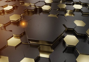 Parlak siyah ve altın renkli altıgen kürsünün arka planı. Işıklı ve yansımalı altıgen metal yüzey. 3B görüntüleme