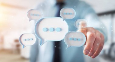 Adam parmaklarıyla dokunuyor dijital beyaz konuşma baloncukları ikonlar hakkında konuşuyor. Asgari sohbet ya da sosyal medya mesajları iş adamının elinde yüzüyor. 3B görüntüleme