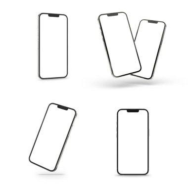 PARIS - France - April 28, 2022: Newly released Apple smartphone, Iphone 13 pro max Silver color realistic 3d rendering, front screen mobile phones mockup aligned on white background