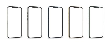 PARIS - Fransa - 28 Nisan 2022: Apple akıllı telefonu, Iphone maksimum 13 pro, Silver, sierra blue, grafit, altın ve yeşil alp rengi gerçekçi 3D renkler, beyaz arka planda ön ekran mobil modelleme