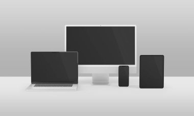 PARIS - France - April 28, 2022: Newly released Apple devices, Imac 24 desktop computer, Iphone 13 pro max mobile, Macbook laptop, Ipad tablet- 3d realistic rendering screen mockup on grey background