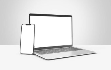 PARIS - Fransa - 28 Nisan 2022: Yeni çıkan Apple cihazları, Imac 24 masaüstü bilgisayarı, Iphone 13 profesyonel maksimum mobil, Macbook bilgisayarı, Ipad tableti - beyaz arkaplanda 3d gerçekçi ekran modelleme