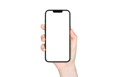 PARIS - Fransa - 28 Nisan 2022: Yeni çıkan Apple Smartphone Iphone 13 profesyonel maksimum gerçekçi 3D görüntüleme - Alpine Green renk ön ekran modeli - Beyaz arka grupta akıllı telefon tutan kadın