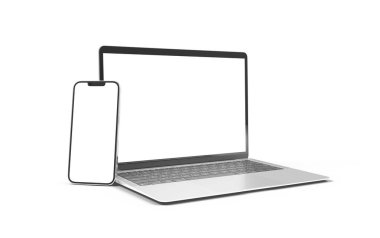 PARIS - Fransa - 28 Nisan 2022: Yeni çıkan Apple cihazları, Imac 24 masaüstü bilgisayarı, Iphone 13 profesyonel maksimum mobil, Macbook bilgisayarı, Ipad tableti - beyaz arkaplanda 3d gerçekçi ekran modelleme