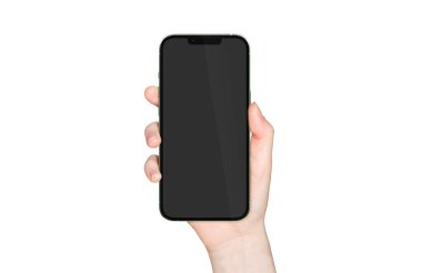 PARIS - France - April 28, 2022: Newly released Apple Smartphone Iphone 13 pro max realistic 3d rendering - Alpine Green color front screen mockup - Woman hand holding smartphone on white backgroun