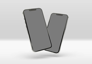 PARIS - France - April 28, 2022: Newly released Apple Smartphone Iphone 13 pro max realistic 3d rendering - Silver color front screen mockup - Two modern smartphones floating on grey background