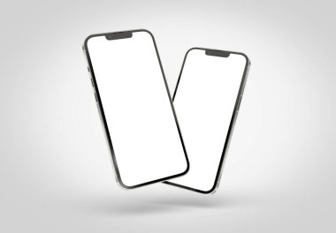 PARIS - France - April 28, 2022: Newly released Apple Smartphone Iphone 13 pro max realistic 3d rendering - Silver color front screen mockup - Two modern smartphones floating on white background
