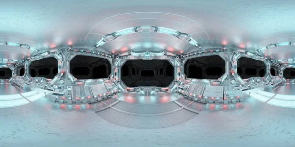 窓のある白い青い宇宙船の内部のHdriパノラマビュー 高解像度360度パノラマ反射マッピング未来の宇宙船ルーム3Dレンダリング — ストック写真