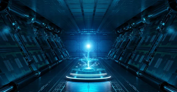 Interno Astronave Blu Con Proiettore Illuminato Corridoio Futuristico Nella Stazione — Foto Stock