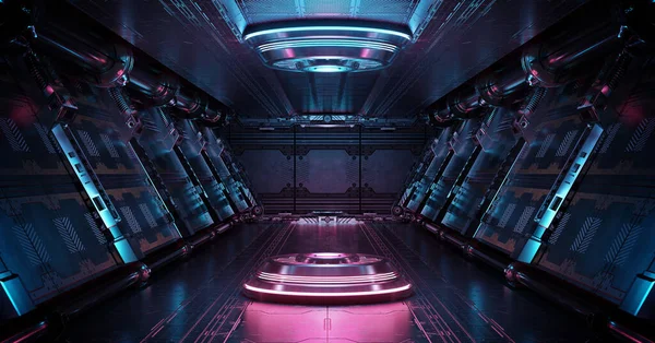 Interior Nave Espacial Azul Rosa Com Projetor Iluminado Corredor Futurista — Fotografia de Stock