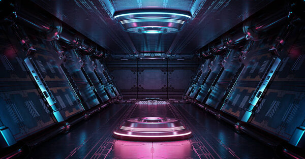 Сине-розовый космический интерьер с подсветкой прожектора. Футуристический коридор на космической станции со светящимся неоновым светом заднего плана. 3d-рендеринг