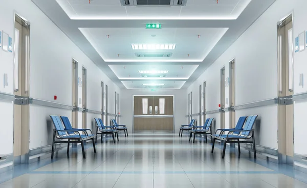 Langer Weißer Krankenhausflur Mit Räumen Und Blauen Sitzen Rendering Leere — Stockfoto