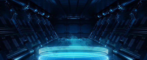 Blå Rumskib Interiør Med Glødende Neon Lys Podium Reflekterende Gulvet - Stock-foto