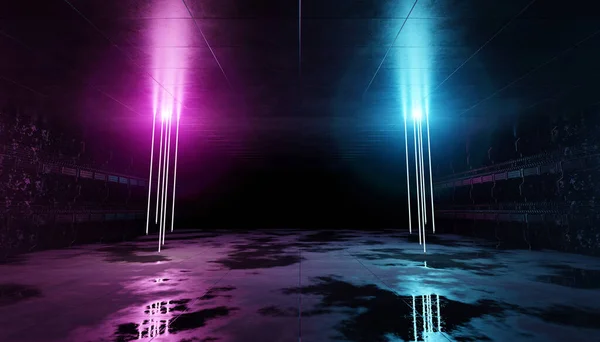Cyber Neon Laser Tubes Garage Room Hangar Futuristic Blue Pink — ストック写真
