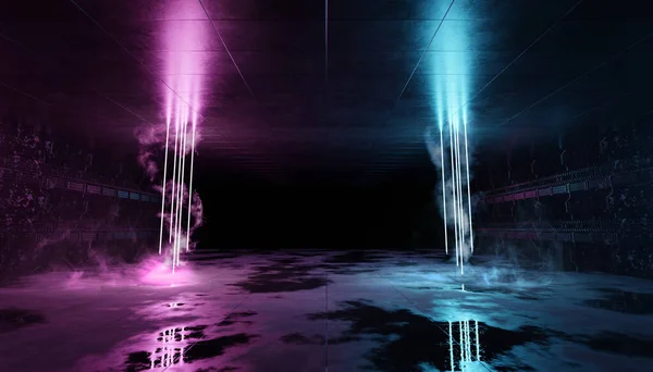 建設ショールーム廊下3Dレンダリング 未来的な青とピンクのネオンのインテリア ガレージルーム格納庫のサイバーネオンレーザーチューブ 金属パネルの壁に照らされたSfダークトンネル倉庫 — ストック写真