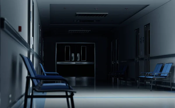 Long Dark Hospital Corridor Rooms Blue Seats Rendering Empty Accident — Stockfoto
