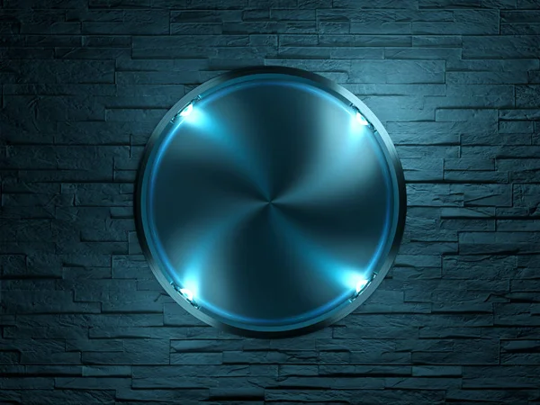 Tuğla duvarda neon tabela modeli. Sokak ışıklarıyla aydınlatılmış mavi modern tabela.