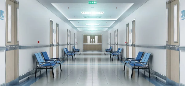 Langer Weißer Krankenhausflur Mit Räumen Und Blauen Sitzen Rendering Leere — Stockfoto