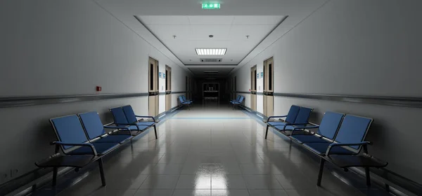 Long Dark Hospital Corridor Rooms Blue Seats Rendering Empty Accident — Stok fotoğraf