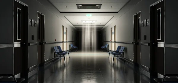 Long Dark Hospital Corridor Rooms Blue Seats Rendering Empty Accident — ストック写真