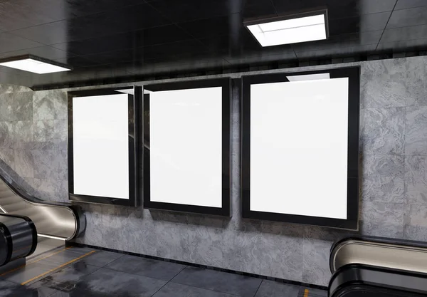 Три Вертикальні Щити Підземній Стіні Метро Mockup Рекламний Триптих Залізничній — стокове фото