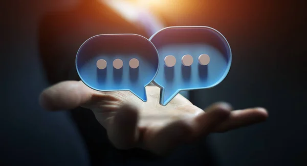 Empresário Escuro Usando Digital Azul Fala Bolhas Falar Ícones Conversa — Fotografia de Stock