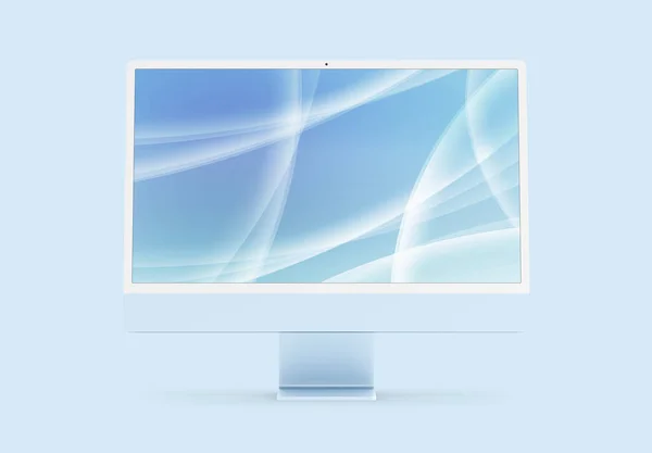 フランス 2022年4月28日 Apple Imac 24インチデスクトップコンピュータ ブルーカラー フロントビュー 3Dリアルなレンダリング4 Retinaディスプレイ画面モックアップ青の背景 — ストック写真
