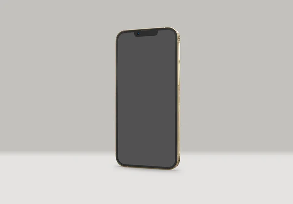 2022年4月28日 新发布的Apple智能手机 Iphone 13亲最大金色3D渲染 前屏幕移动模型 灰色背景下的阴影和倒影 — 图库照片