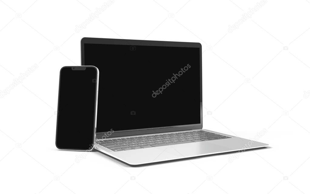 PARIS - France - April 28, 2022: Newly released Apple devices, Imac 24 desktop computer, Iphone 13 pro max mobile, Macbook laptop, Ipad tablet- 3d realistic rendering screen mockup on white background