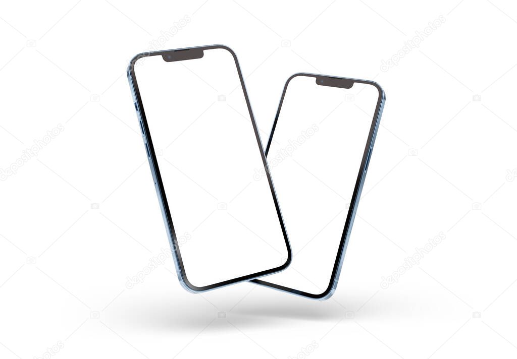 PARIS - France - April 28, 2022: Newly released Apple Smartphone Iphone 13 pro max realistic 3d rendering - Sierra blue color front screen mockup - Two modern smartphones floating on white background