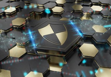 Siyah ve altın renkli altıgen kaidesel arkaplana kazınmış kalkan simgesi konsepti. Güvenlik logosu soyut dijital yüzeyde parlıyor. 3d oluşturma