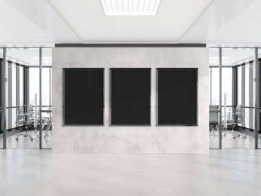 Ofis duvarında asılı üç dikey çerçeve. Modern beton şirketinin 3D döşeme içindeki reklam panolarının maketi